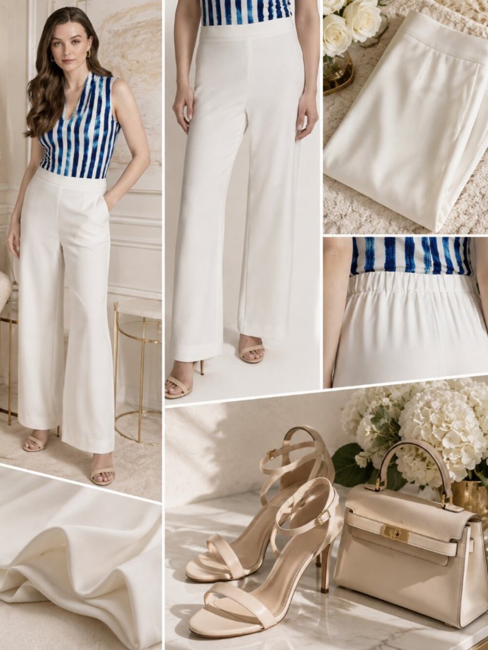 Halston Pull-On Pants Size Large Cream NWT Elastic Waist Lined Stretch Trousers